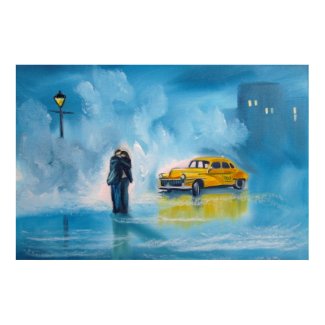 Yellow taxi rainy day romantic couple painting poster