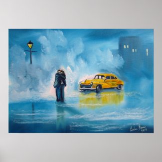 Yellow taxi rainy day romantic couple painting poster