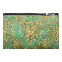 Yellow Teal Green Roses Floral Damask Pattern Travel Accessory Bags