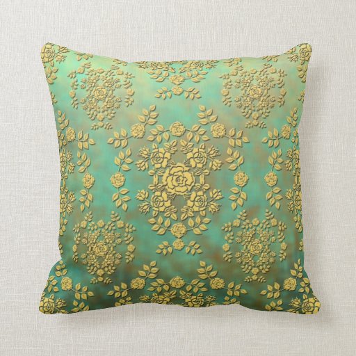 Yellow Teal Green Roses Floral Damask Pattern Throw Pillow Zazzle