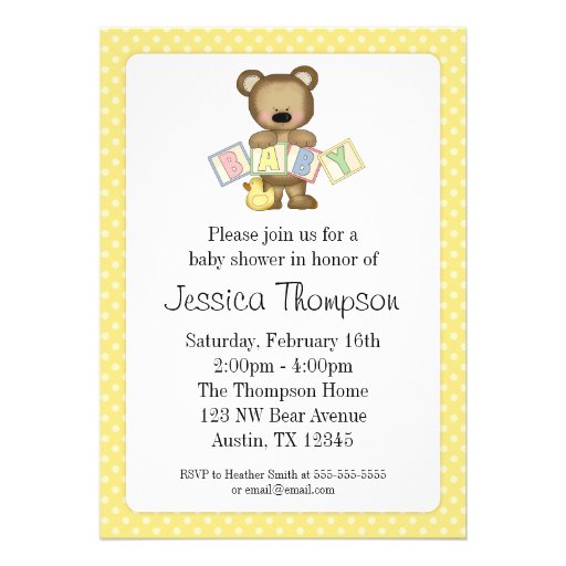 Yellow Teddy Bear Blocks Baby Shower Invitations