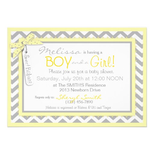 Yellow Tie & Tutu, Chevron Print Twins Baby Shower Cards