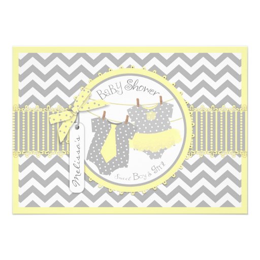 Yellow Tie & Tutu, Chevron Print Twins Baby Shower Cards (front side)