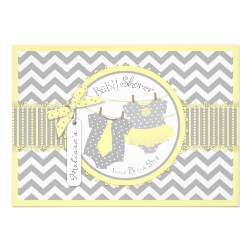 Yellow Tie & Tutu, Chevron Print Twins Baby Shower Cards