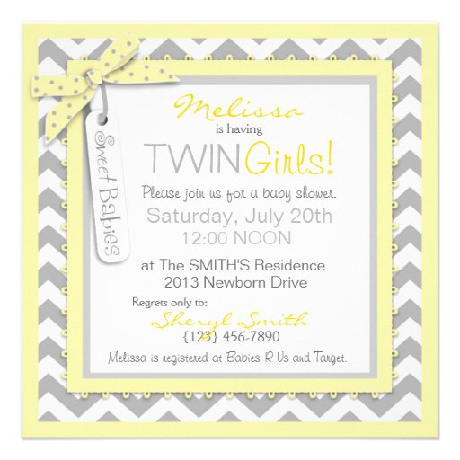 Yellow Tutu & Chevron Print Twin Girls Baby Shower Personalized Announcement