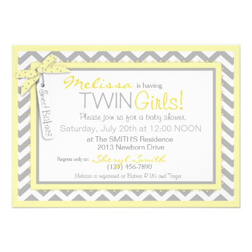 Yellow Tutu & Chevron Print Twin Girls Baby Shower Invite