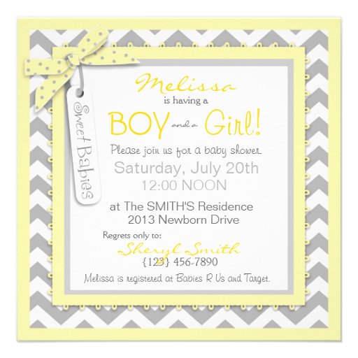 Yellow Tutus & Chevron Twin Boy Girl Baby Shower Custom Invites