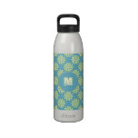 Yellow twirls on blue background water bottles
