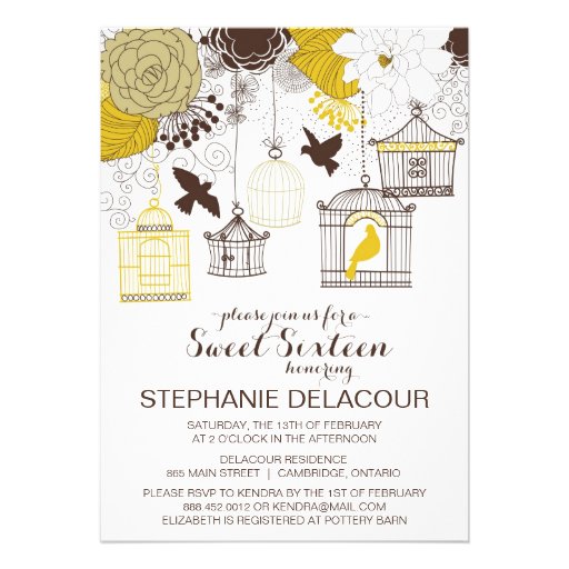 Yellow Vintage Birdcages Sweet Sixteen Invitation
