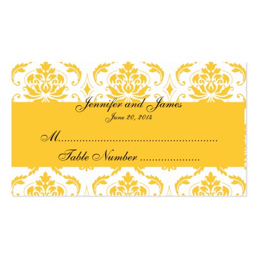 Yellow White Damask Wedding Place Card Business Card Template (front side)