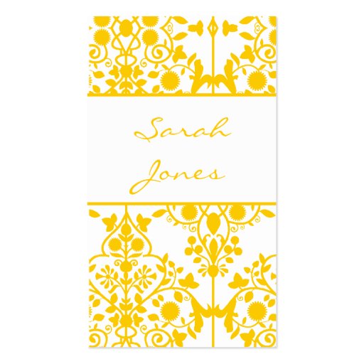 Yellow White Floral Damask Business Card (front side)