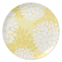 Yellow White Floral Monogram Pattern Dinner Plates
