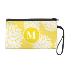 Yellow White Floral Monogram Pattern Wristlets