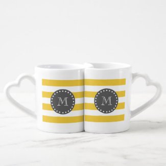Yellow White Stripes Pattern, Charcoal Monogram Couples Mug