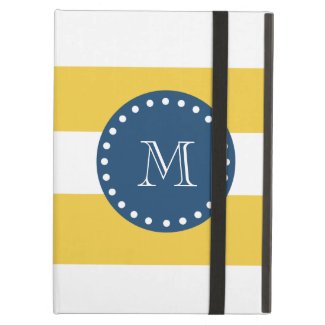 Yellow White Stripes Pattern, Navy Blue Monogram iPad Air Cover