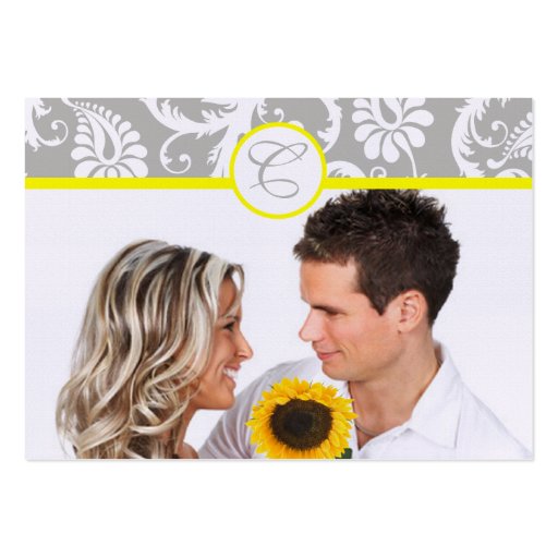 Yellow with Gray Damask Wedding Info Cards Business Card Templates (back side)