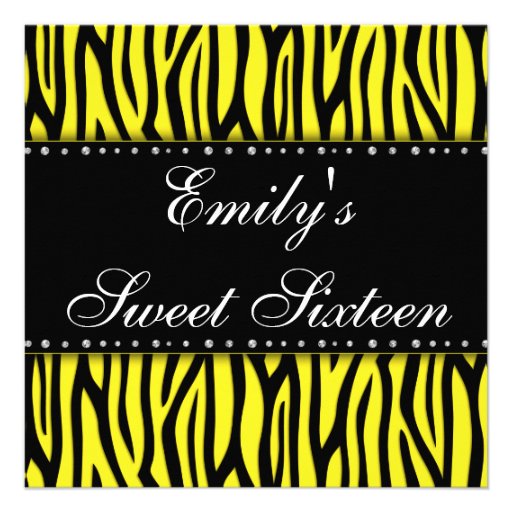 Yellow Zebra Diamonds Sweet 16 Birthday Personalized Announcement (front side)