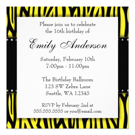 Yellow Zebra Diamonds Sweet 16 Birthday Personalized Announcement