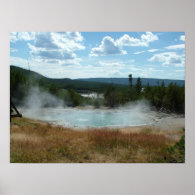 Yellowstone photography, shows water falls, trees poster