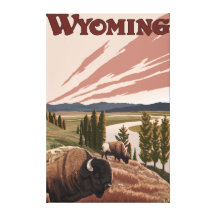 Yellowstone River Bison Vintage Travel Poster Stretched Canvas Print