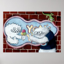yeti, sign, comic, artsprojekt, cartoon yeti, cute yeti, cute cartoon monster, abominable snowman, ice cream, cartoon monster, cute furry monster, cute monster, cute cartoon yeti, friendly yeti, himalayas, Poster with custom graphic design