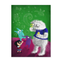 artsprojekt, cartoon yeti, cute yeti, friendly yeti, yeti, cartoon monster, blowing bubbles, yeti and kids, yeti kids, bubbles, soap bubble, abominable snowman, himalayas, Postcard with custom graphic design
