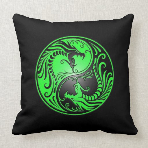 Yin Yang Dragons, green and black Throw Pillow