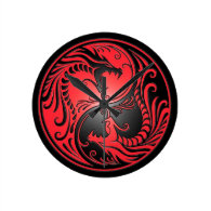 Yin Yang Dragons, red and black Clocks