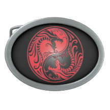 Yin Yang Dragons, red and black Oval Belt Buckle