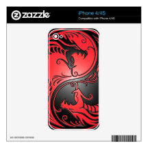 Yin Yang Dragons, red and black Decals For iPhone 4