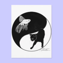 YinYang Fish and Cat - Black and White Postcard