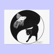 YinYang Fish and Cat - Black and White Postcard