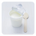 Yoghurt in opened disposable cup square stickers