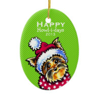 Yorkie Cute Dog Christmas Mod Stripe Custom Christmas Tree Ornaments