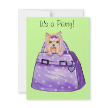 Yorkie in Polka Dot Purse Party Invitations by greerdesign Yorkie in Polka Dot Purse Party Invitations