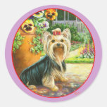 Yorkie with Gazebo and Pansies Round Stickers