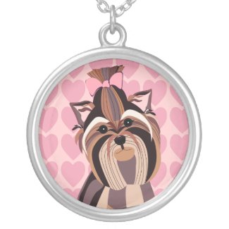 Yorkie with Pink Hearts Background Necklace necklace