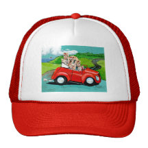 Yorkies in Red Convertible Trucker Hat
