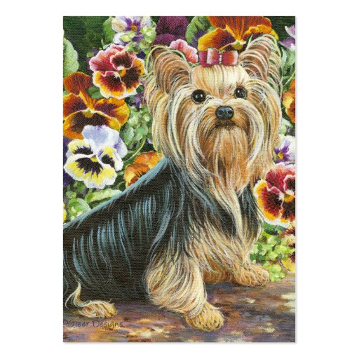 Yorkshire Terrier & Pansies Painting Business Cards (front side)