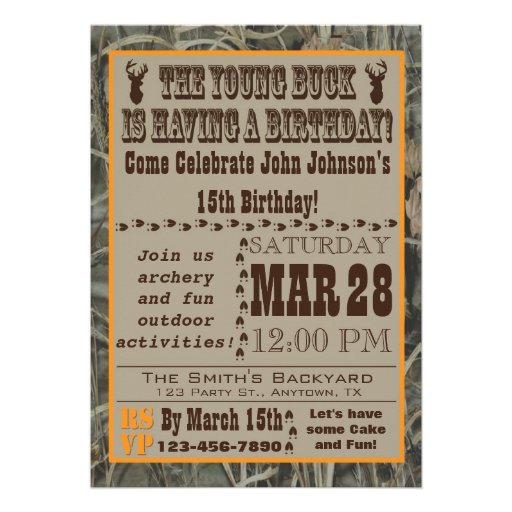 Young Buck Hunting Birthday Invitation with Camo (front side)