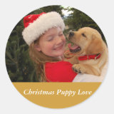 Young Girl & New Puppy at Christmas Round Sticker