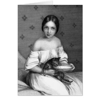 Young girl with kitten and bowl of milk greeting cards