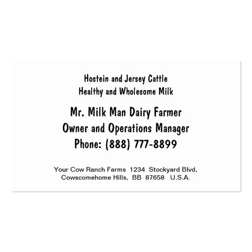 Young Holstein Veal or Dairy Calf Business Card Template (back side)