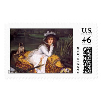 Young Lady & Her Pet Pug in a Boat by James Tissot Stamp