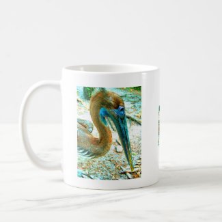 Young pelican head shot, high saturation color mug