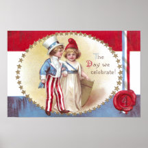 Young Uncle Sam Escorts Columbia on 4th of July Posters