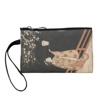 Young Woman Admiring Plum Blossoms at Night art Coin Purses