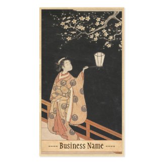 Young Woman Admiring Plum Blossoms at Night art Business Card Templates