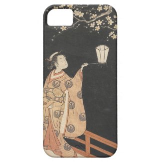 Young Woman Admiring Plum Blossoms at Night art iPhone 5/5S Case