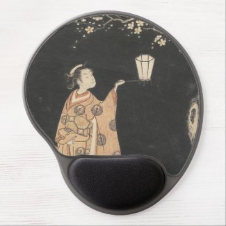 Young Woman Admiring Plum Blossoms at Night art Gel Mousepad